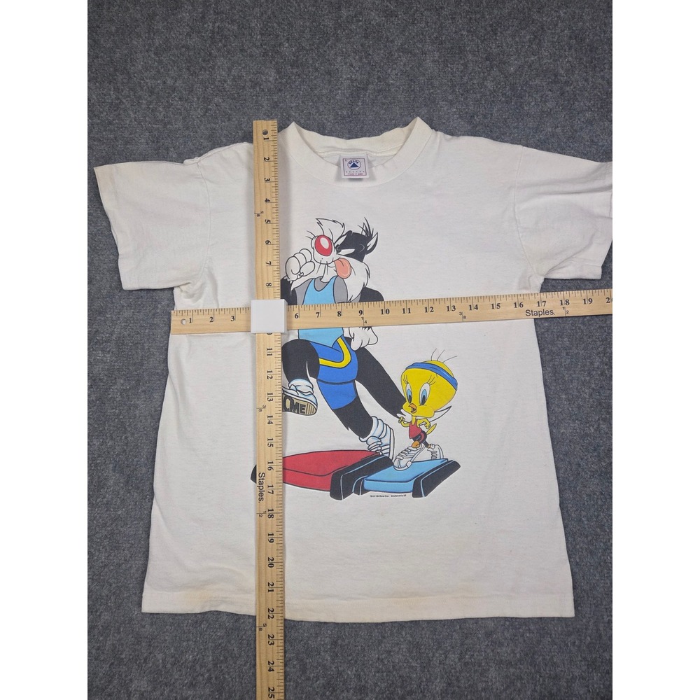 Vintage 90s Looney Tunes T Shirt Mens S White Sylvester Tweety Bird Workout 1994 - Picture 5 of 10